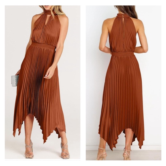 Caramel Brown Sleeveless Pleated Skirt Asymmetrical Hem Satin Look Midi Dress - Picture 2 of 2